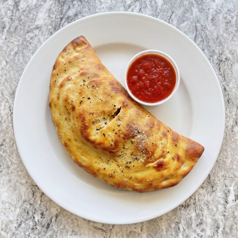 Golden-brown calzone with herbs and parmesan, served with a side of marinara sauce on a white plate.